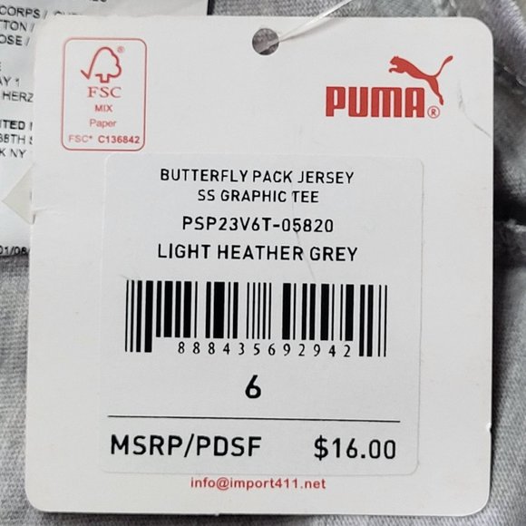 NWT Puma‎ Girls Grey Short Cap Sleeve Crew Neck Graphic Print T Shirt Size 6 Top - Picture 9 of 12